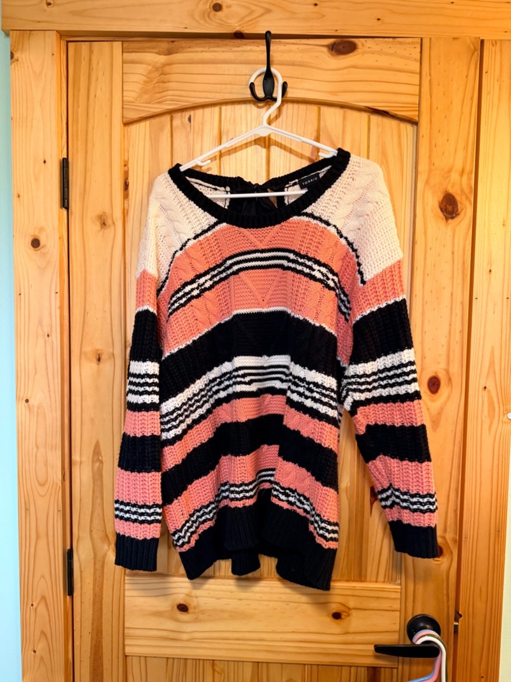 torrid Striped Open-Knit Pullover Sweater in Pink, Black & White